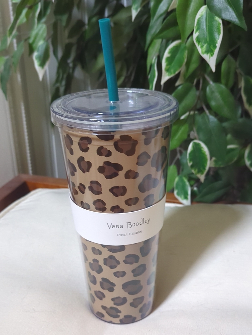 Vera Bradley Leopard Print Travel Tumbler in Tan and Brown with Teal Straw